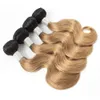 1B27 ombre blond hårbuntar med stängning Brasiliansk kroppsvåg 50g bunt 10 12 tum kort bob hår remy mänskliga hårförlängningar271g