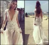 2019 Vintage Gelinlik Dalma V Boyun Uzun Kollu Gelin Törenlerinde Kat Uzunluk Kristal İnciler vestidos de Gelinlik robe de mariée