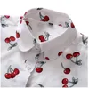 Camicia bianca e blu scuro da donna Camicie a maniche lunghe con stampa di ciliegie di frutta casual estive