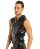 Black Mens WetLook Tank Tops Patent pvc faux Leather Hoodie Sexy Clubwear Hip Hop T-Shirt Tank Top with Zipper Closure Costumes