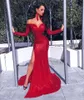 2019 Red Off The Ramię Cekinowa Syrenka Długi Prom Dresses Długie Rękawy Podziel Długość Piętra Formalne Suknie Wieczorowe Szaty De Soirée BC0602