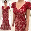 上品なマーメイドビーズの花嫁ドレスの母親vネックイブニングガウンフロアの長さプラスサイズ3Dアップリキングウェディングゲストドレス407