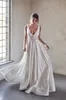 Line Bohemian A Dresses Beaded Lace Applique V Neck Boho Satin Long Bridal Gowns Backless Country Style Beach Wedding Dress Pplique