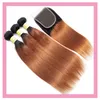 Extensions de cheveux humains malaisiens Raides 1B / 30 Ombre Hair 3 Bundles Avec 4X4 Lace Closure Avec Baby Hair Free Three Middle Part