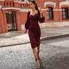 2019 Höst Office Lady Long Puff Sleeve Midi Dress Square Collar Criss Cross Bodycon Hip Package Split Pencil Dress Clubwear