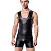 Black Gold Prata Homens Metálicos Faux Leather Tanques De Couro Sem Mangas Shapsuit Sexy Bodysuit Sexy Fitness Wrestling Shapewear