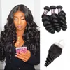 Ishow Brazilian Loose Wave 3 Human Hair Bundles With Closure Peruvian Virgin Hair Extensions Wefts for Women Girls All Age Jet Black