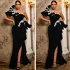 2020 Arabic Aso Ebi Prom Dresses One Shoulder Ruffles Beading Lace Party Gowns High Split Mermaid Dress Robes De Soirée