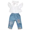 Moda Foro Denim Solid Color Camicia Bow Head Bambino Bambino fuori Spalla Coltivazione Top Hole Denim Pant Jean Fascia Bambino Bambino Bambini Bambini vestitiW613