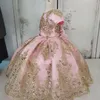 Rosa con applicazioni dorate ragazze abiti gioiello a maniche corte satinate abiti da sposa bambina piccola piccola comunio5735602