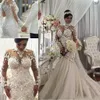 New Hot Luxo Vestidos de Noiva de Sereia 2020 Ilusão Laço Alto Pescoço Laço 3D Appliques Florais Beads Cristal Sleeves Longos Sexy Africano Brown Vestidos