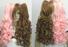 Brown Mix Pink Clip on 2 Ponytails Pigtails Curly Cosplay Women's Hair Wig