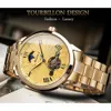 Forsining Golden Men Mechanical Wristwatch 3D Dial Automatic Tourbillon Moonphase Full Steel Big Watches Clock Relogio Masculino358Y