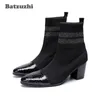 Batzuzhi Italian Type Boots Men Pointed Toe Black Fashion Short Boots for Men 7cm High Heels Party, Motorcycle boots Men Botas