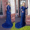 Marineblaue Illusion Langarm V-Ausschnitt Kleider für die Brautmutter 2020 Lange Meerjungfrau rückenfrei Spitze Abendkleid formelles elegantes Partykleid günstig