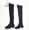 Горячие продажи- Женщины Длинные сапоги над коленом сапоги Lace Up Sexy Низкие каблуки Женская обувь Флок черный зима теплая обувь Размер 40