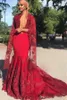 Eleganckie Czarne Dziewczyny Burgundy Koronki Syrenki Suknie Wieczorowe Formalne Suknie Wysokiej Neck Appliqued Koraliki Długie Rękawy Prom Suknie Muzułmańska Vestidos