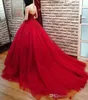 Sexy Dark Red Ball Gown Evening Dresses Wear Jewel Neck Lace Appliques Beads Tulle Puffy Custom Made Backless Prom Dress Formal Party Gowns