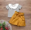 Kids Designer Roupas Bebê Meninas Lotus Folha Collar Conjuntos De Verão Striped Top Ruffle Shorts Ternos Infantil Manga Curta T Shirt YP733