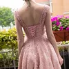 Fashion Bateau Lace Bodice Gown Bridesmaid Dresses Maid of Honor Beach Cap Sleeves Tea-length Lace-up Back