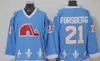 Mężczyźni retro quebec norordiques koszulki hokej 19 Joe Sakic 21 Peter Forsberg 13 Mats Sundin 26 Peter Stastny 10 Guy lafleur jasnoniebieskie białe czarne mundury