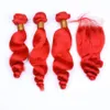 Red hair weaves with closure Brazilian 3 Bundles With Closure Loose Wave hair bundles with closure red bundles extensions