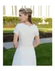 2019 Nowy Nieformalny Koronki Szyfonowe Skromne Suknie Ślubne Z Krótkimi Rękawami Scoop Neck Reception Suknie Ślubne Zroszony Talia Couture Custom Made