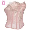 Corzzet 핑크 꽃 아플리케 섹시 란제리 overbust 레이스 위로 steampunk 코르셋 의류 고딕 Corselet J190701