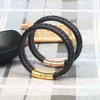 Por atacado preto genuíno couro pulseira pulseira de aço inoxidável fivela magnética pulseiras pulseiras homens e mulheres jóias