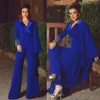 Zarif Kraliyet Mavi Gelin Pantolon Elbise Anne Zirve Yakası Uzun Kollu Tulumlar Boncuklu Akşam Elbiseleri Plus Beden Düğün Konuk 264p