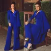 Elegante Royal Blue Mãe da noiva Pant Ternos Peaited Lapel de Manga Longa Jumpsuits Beaded Night Vestidos Plus Size Wedding Guest Dresses