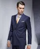 Double-Breasted Navy Blue Strips Groom Tuxedos Peak Lapel Men Garnitury 2 Sztuki Wedding / Prom / Dinner Blazer (Kurtka + Spodnie + Krawat) W793
