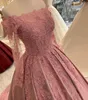 2020 Arabo Aso Ebi Blush Abiti da sera in pizzo rosa Cristalli di perline Abiti da ballo Maniche lunghe Abiti da cerimonia per feste di seconda accoglienza ZJ056