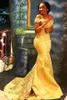 African Nigerian Yellow Mermaid Prom Dresses 2020 Off Shoulders Lace Sequined Satin Evening Prom Kappor Arabiska Klänningar