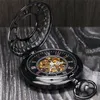 Steampunk Noir Mécanique Remontage Manuel Montre De Poche Évider Fleur Couverture Hommes Femmes Horloge Montre avec Pendentif Chaîne Collection