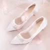 News Bride White Shoes Flower Veins Beautiful Lower 5cm 7cm Middle Heels Pointed Toe Wedding Dress Pumps Women Shoes Air Mesh