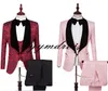 Red Floral Design Smoking Do Noivo 2019 Ternos Dos Homens Custom Made Terno Formal para o Casamento Melhor dos homens Smoking (Jacket + Bow + Vest + Calças)