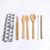 Drewniany zestaw na zastawy stołowy Bamboo łyżeczka widelca zupa zupa noża Catering Zestaw za sztućce z tkaniną worka kuchenna narzędzia do gotowania