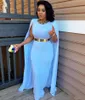 New Light Blue Plus Size Cape Style Evening Dresses Sheath Floor Length Evening Gowns Aso Ebi South African Women Formal Party Dresses