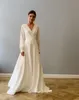 2020 Elegant Bohemian Long Sleeve Wedding Dress A Line Chiffon Modest Simple Sexy Deep V Neck High Slit Women Plus Size Bridal Gowns