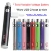 5pcs UGO Twist Wax Dab Cartridge Pen eVod USB VV Passthrough Tensione variabile Vape Batteria 650 900mAh con caricatore micro USB