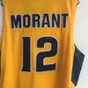 남자 # 12 JA Morant Murray State College Basketball Jersey Morant 자수 머레이 주 노란색 흰색 해군 농구 유니폼 더블 스티치 이름과 번호
