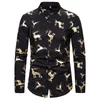 Whole-Men's Mandarin Collar Dress Shirts Hipster Gold Elk Foil Print Christmas Shirt Men Slim Fit Long Sleeve Tuxedo Shir223w