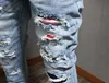 Patches Detail Biker Fit Denim Jeans Men Slim Motocyklowe męskie Vintage Distressed