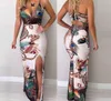 Women Peacock Feather Print Lår slits glidklänning Maxi Dress Party Summer Bodycon Dress V Neck32T