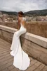 Sexy Berta Mermaid Wedding Dresses Sheer Jewel Neck Lace Appliqued Beads Country Bridal Gowns Sweep Train Backless Beach Wedding Dress