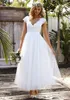 New Vintage anni '50 Lunghezza tè Abiti da sposa corti Pizzo Tulle Modesto Cap Sleeve Scollo a V Bohemian Beach Garden Abiti da sposa vestido de novia