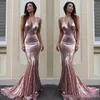 Sexy Halter Rose Gold Sequins Mermaide Prom Платья выпускного вечера SWOE Train 2019 Plus Размер на заказ формальный случай носить вечернее платье знаменитостей