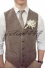 2019 Farm Wedding Brown Herringbone Wool Suit Tweed Coletes Custom Made do noivo Vest Magro casamento Vest Para Homens Plus Size do smoking Colete Homens