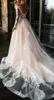 Blush Pink A-line Lace Wedding Dresses Long Sleeves Sheer Neckline Sexy V Open Back Berta Boho Wedding Dress Bridal Gowns Plus Size